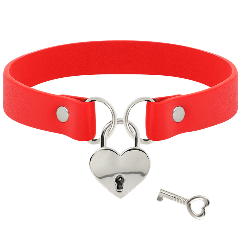 COQUETTE CHIC DESIRE – Fetisch-Halsband aus veganem Leder mit Herz- und Schlüssel-Anhänger, Rot, 40 cm