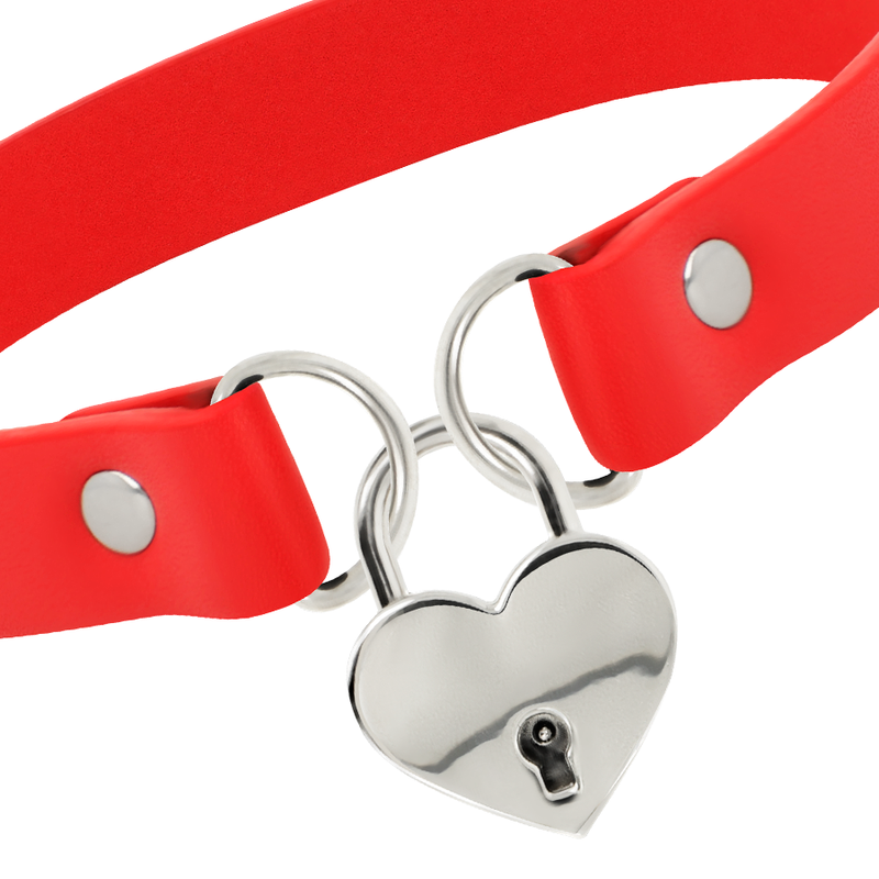 COQUETTE CHIC DESIRE – Fetisch-Halsband aus veganem Leder mit Herz- und Schlüssel-Anhänger, Rot, 40 cm