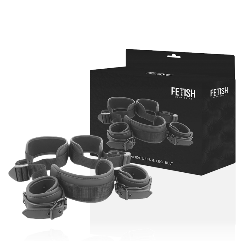 FETISH SUBMISSIVE Offene-Beine-Set – Fesseln mit Halsgeschirr, Neopren-Futter