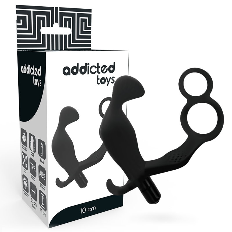 ADDICTED TOYS – Analplug mit doppeltem Penisring und Hodenring, schwarz