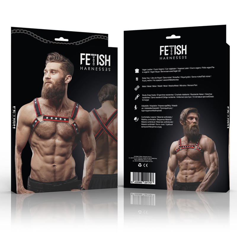 FETISH SUBMISSIVE ATTITUDE – Brust-Bulldog-Geschirr aus Ökoleder, Schwarz/Rot