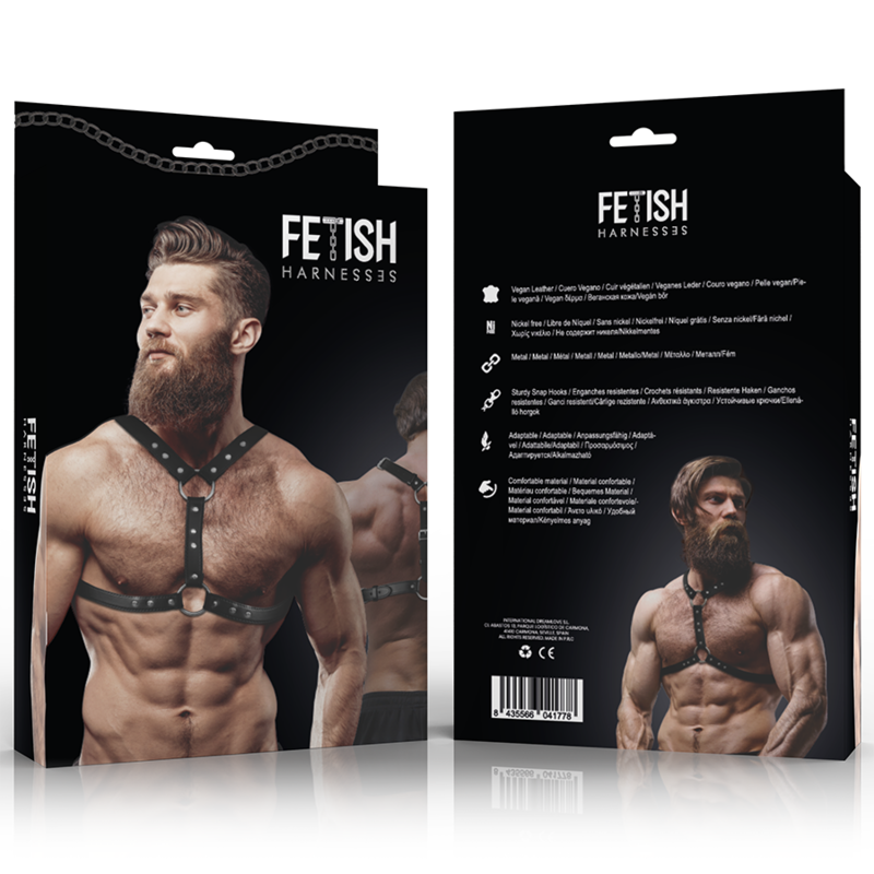 FETISH SUBMISSIVE ATTITUDE – HARNAIS DE POITRINE EN ÉCO-CUIR AVEC DOUBLE SUPPORT ET CLOUS POUR HOMMES