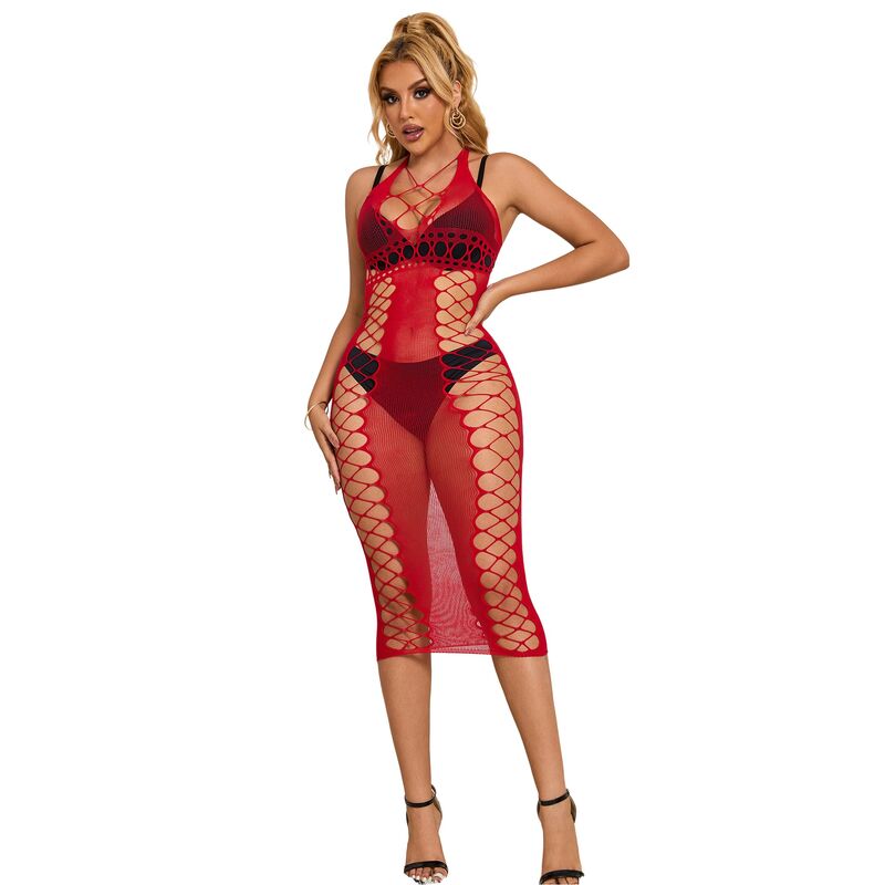 SUBBLIME – Langes rotes Netzkleid, Einheitsgrösse
