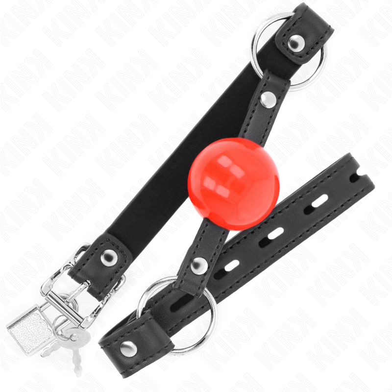 Kink – Ballknebel mit Schloss, roter Ball, schwarzer Gurt, 60 x 2 cm
