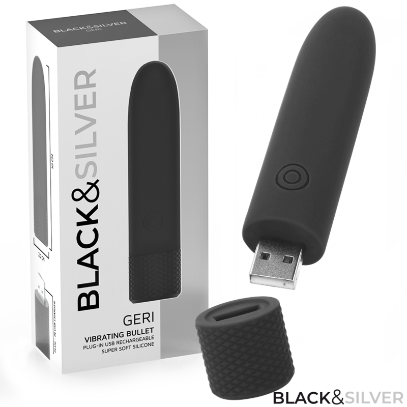 BLACK & SILVER – GERI USB RECHARGEABLE VIBRATING BULLET 8 VIBRATIONS BLACK 10 X 2.2 CM