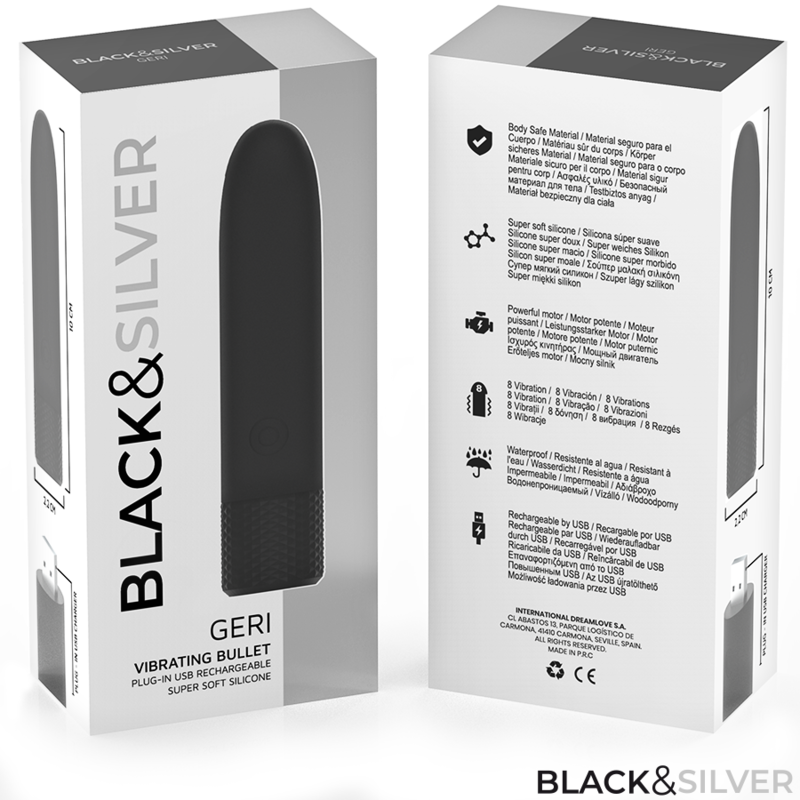 BLACK & SILVER – GERI USB RECHARGEABLE VIBRATING BULLET 8 VIBRATIONS BLACK 10 X 2.2 CM