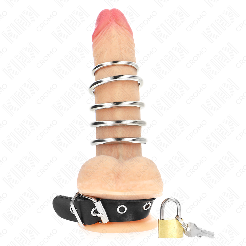 Kink – Penisring aus Leder mit Verschlussband, 21 x 2 cm, und 5 Metallringen 3–4 cm