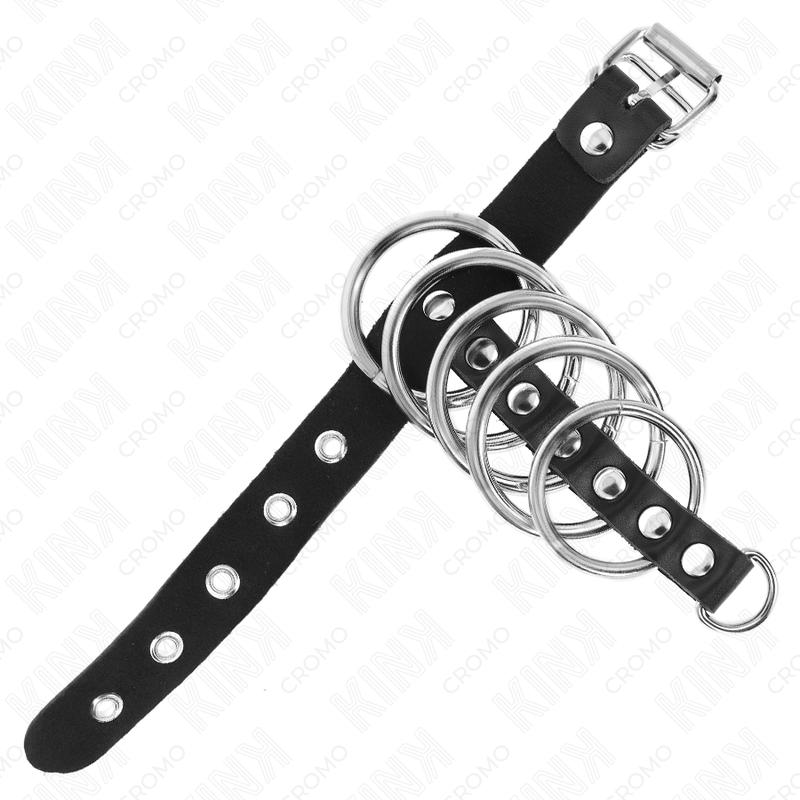 Kink – Penisring aus Leder mit Verschlussband, 21 x 2 cm, und 5 Metallringen 3–4 cm