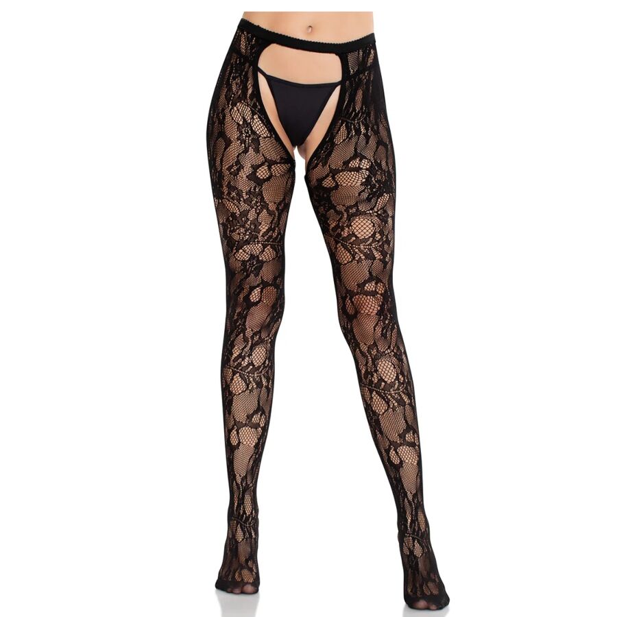 Leg Avenue – Rosen-Spitzenstrümpfe mit offener Rückseite, Schwarz