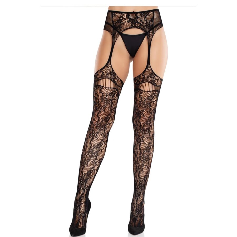 Leg Avenue – Spitzenstrümpfe mit Strumpfbändern, Schwarz