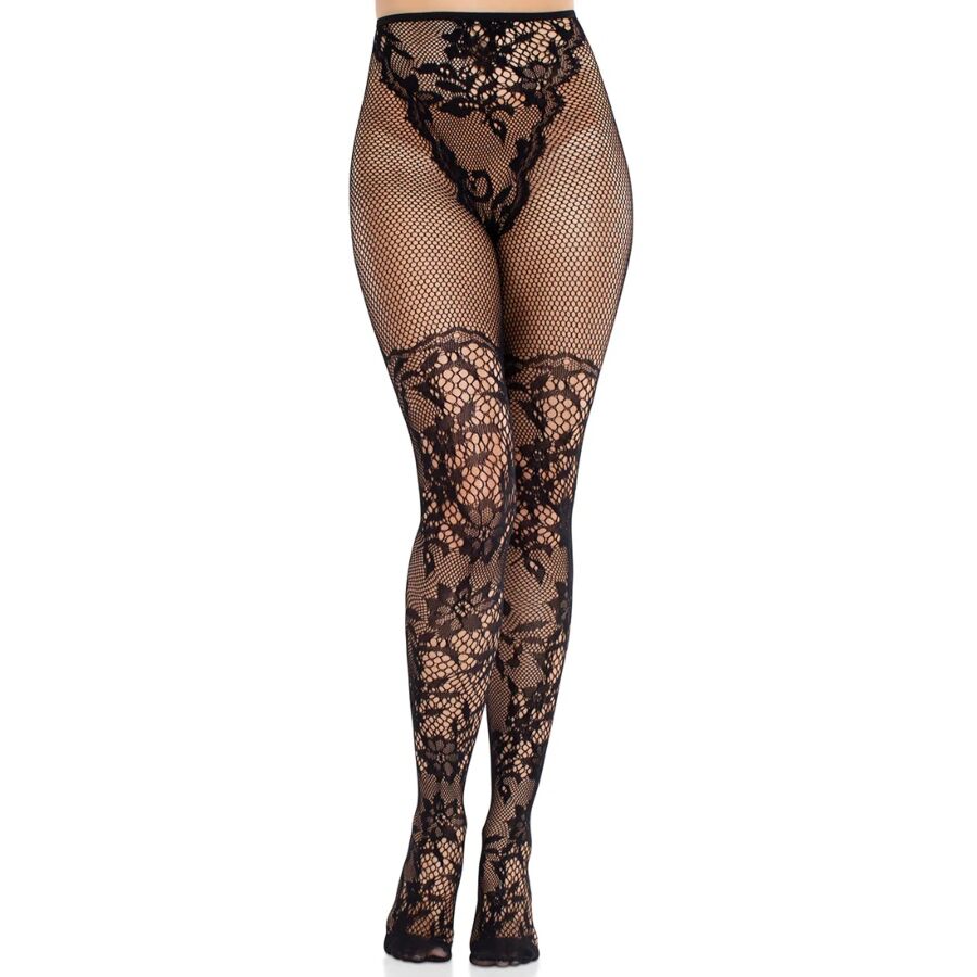 Leg Avenue Dahlia – Spitzenstrümpfe mit Netzdetail, Schwarz