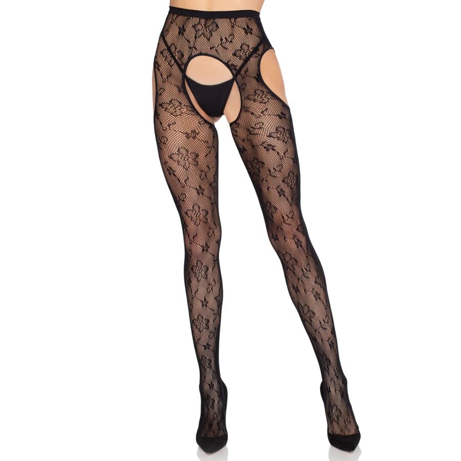Leg Avenue Bloom – Netz-Strumpfhose mit Strumpfhaltern, Schwarz, Einheitsgrösse