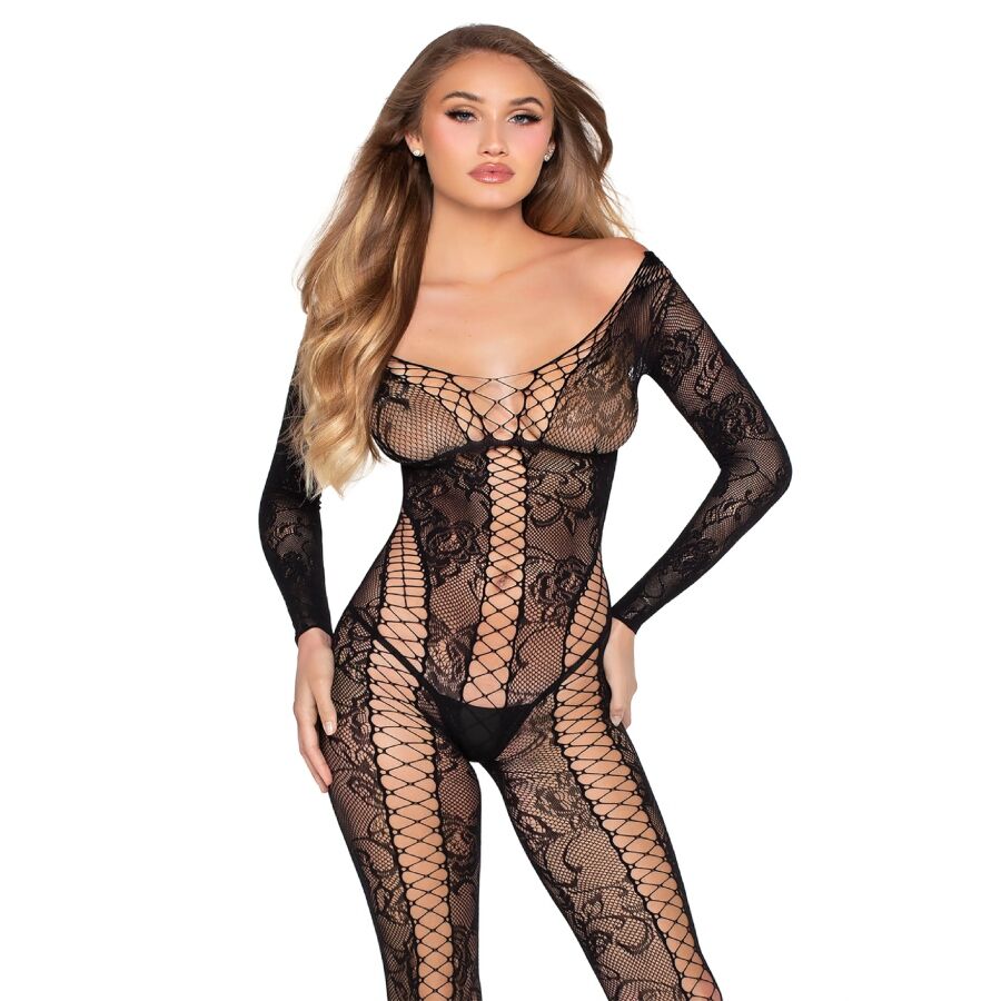 LEG AVENUE – 89369 COMBINAISON EN RÉSILLE ET DENTELLE NOIRE – TAILLE UNIQUE