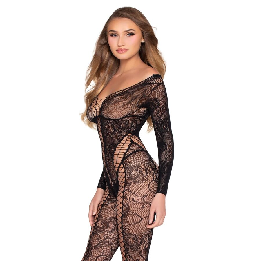 LEG AVENUE – 89369 COMBINAISON EN RÉSILLE ET DENTELLE NOIRE – TAILLE UNIQUE