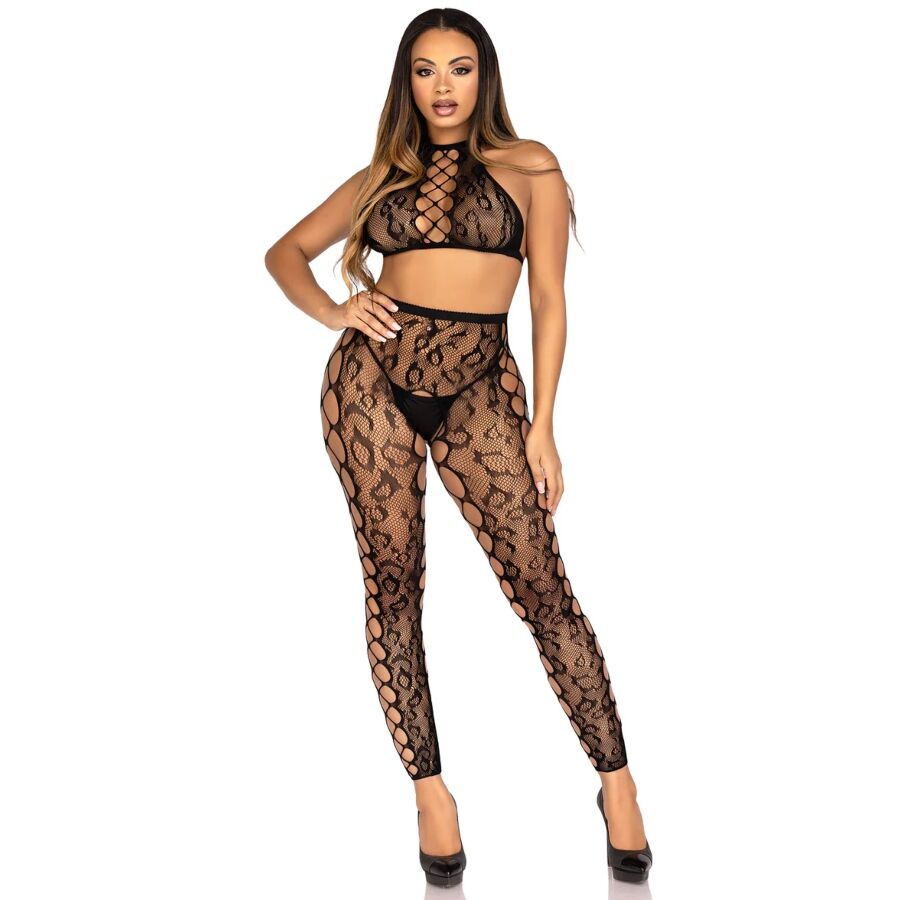 Leg Avenue – Crop-Top mit schrittloser Strumpfhose, Schwarz, Einheitsgrösse