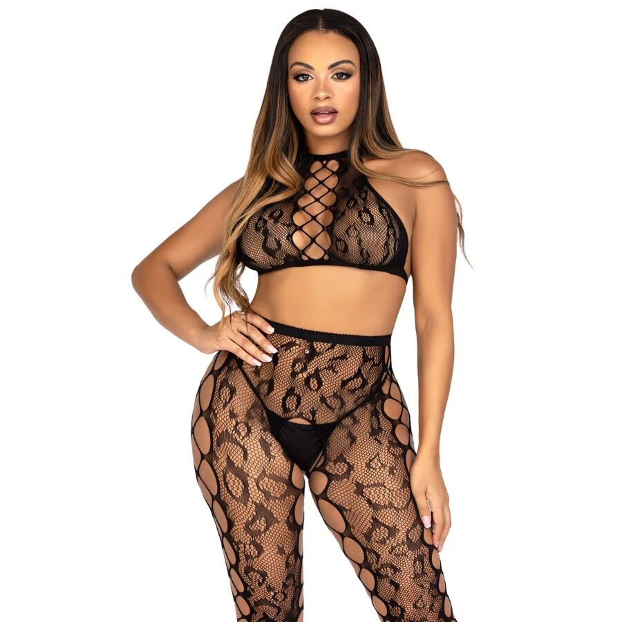 Leg Avenue – Crop-Top mit schrittloser Strumpfhose, Schwarz, Einheitsgrösse