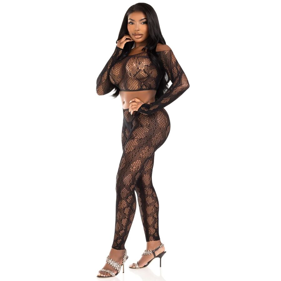 Leg Avenue – Python-Crop-Top mit fussloser Strumpfhose, Schwarz, Einheitsgrösse