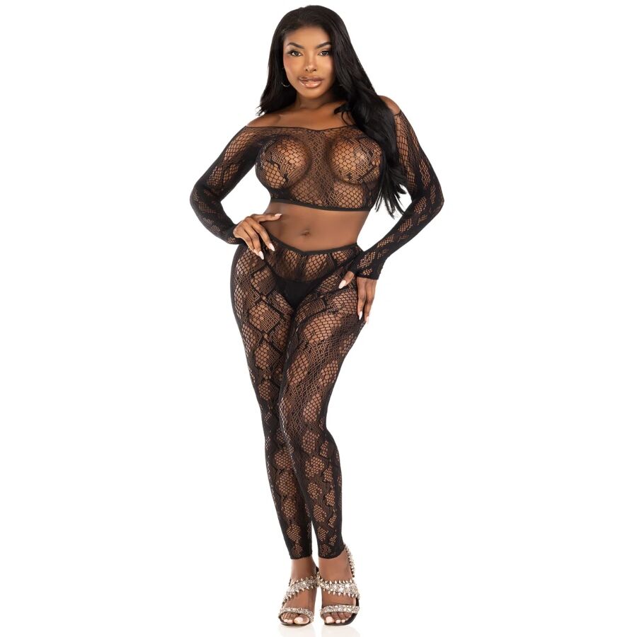Leg Avenue – Python-Crop-Top mit fussloser Strumpfhose, Schwarz, Einheitsgrösse