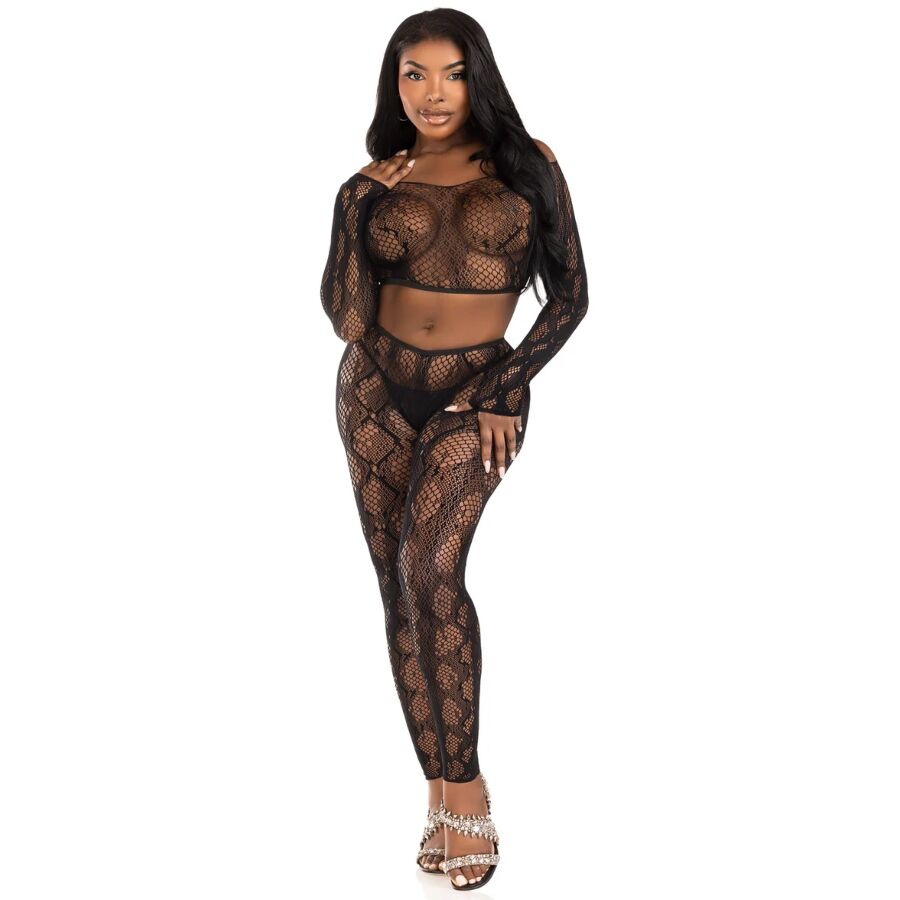 Leg Avenue – Python-Crop-Top mit fussloser Strumpfhose, Schwarz, Einheitsgrösse