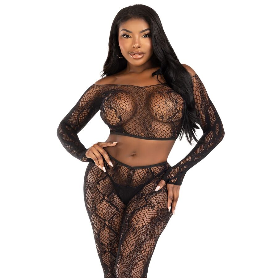 Leg Avenue – Python-Crop-Top mit fussloser Strumpfhose, Schwarz, Einheitsgrösse