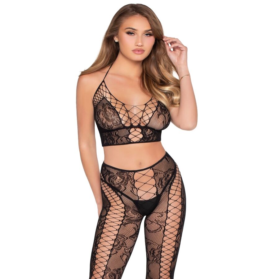 Leg Avenue – Netz- und Spitzen-Crop-Top mit Strumpfhose, Schwarz, Einheitsgrösse