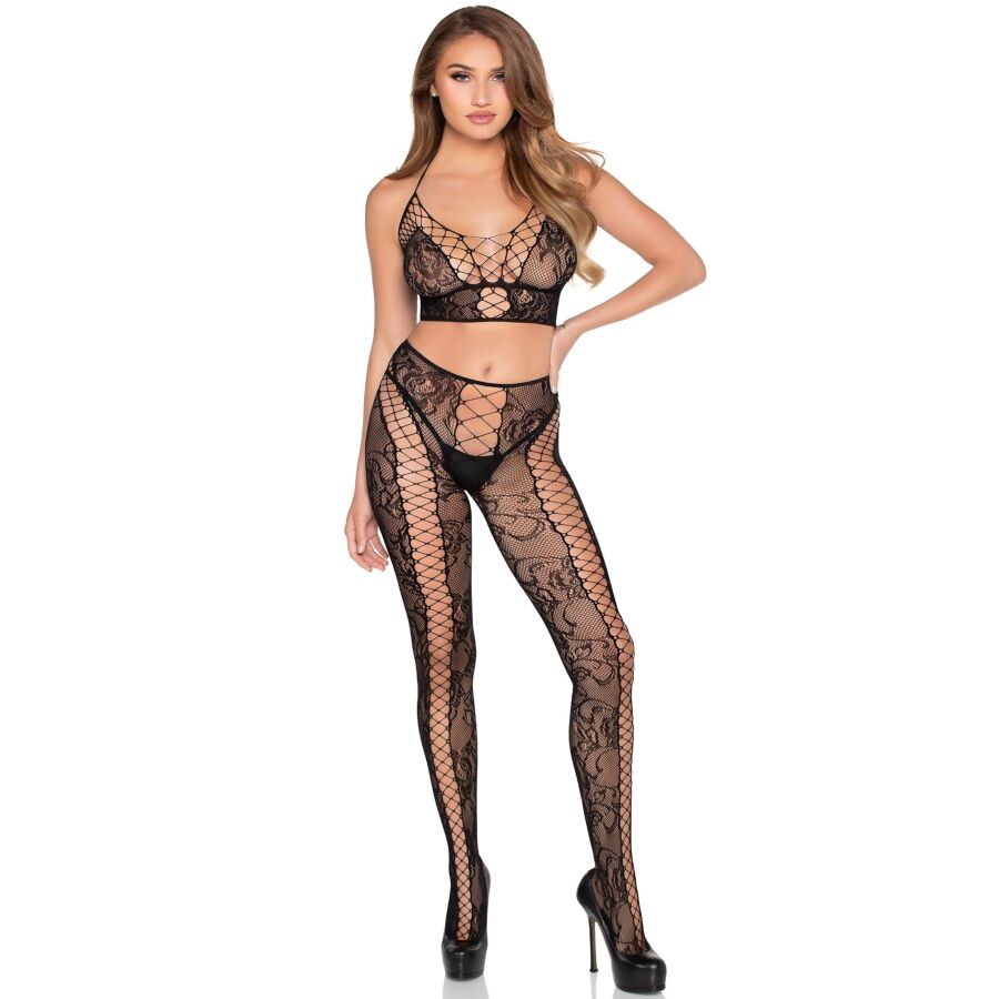 Leg Avenue – Netz- und Spitzen-Crop-Top mit Strumpfhose, Schwarz, Einheitsgrösse