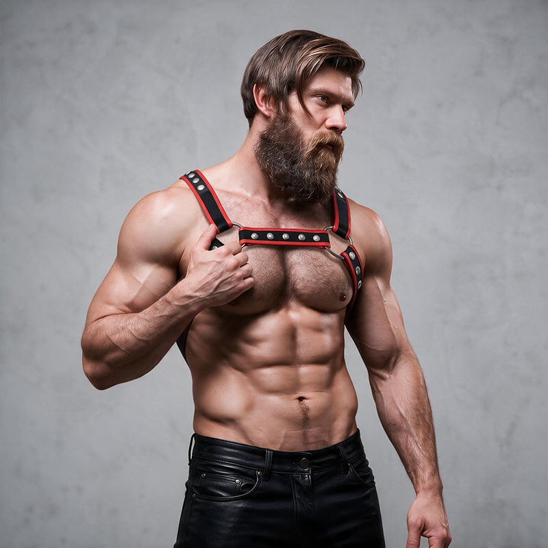 FETISH SUBMISSIVE ATTITUDE – Brust-Bulldog-Geschirr aus Ökoleder, Schwarz/Rot