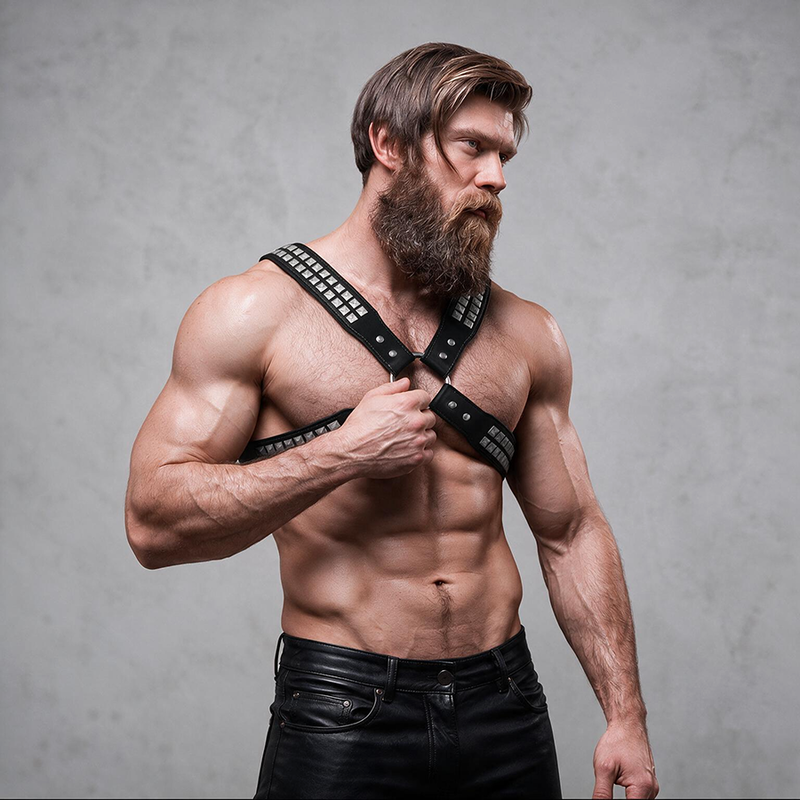 FETISH SUBMISSIVE ATTITUDE – Halsband aus Ökoleder mit gekreuztem Brustriemen und Nieten