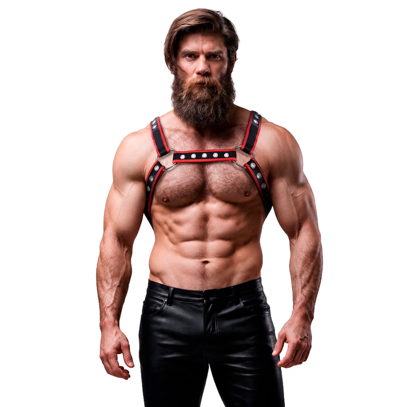 FETISH SUBMISSIVE ATTITUDE – Brust-Bulldog-Geschirr aus Ökoleder, Schwarz/Rot