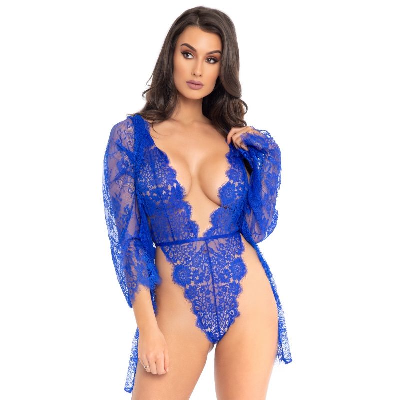 LEG AVENUE Teddy & Robe – 3-teiliges Spitzen-Set, Blau, S