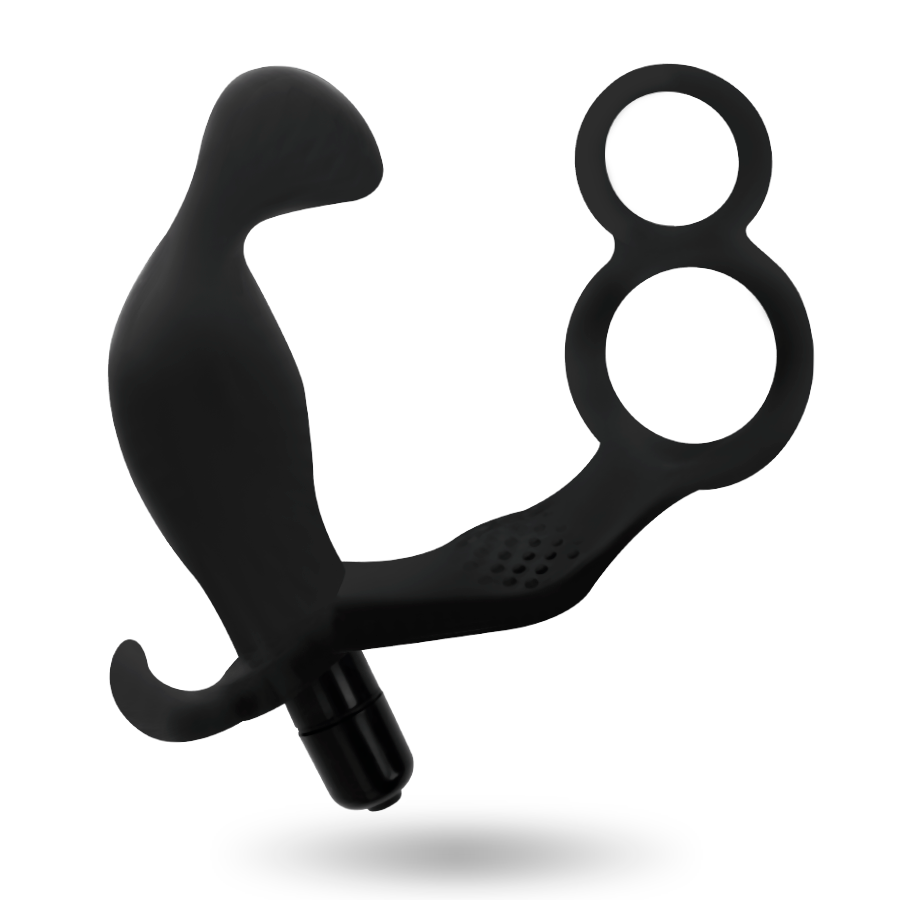 ADDICTED TOYS – Analplug mit doppeltem Penisring und Hodenring, schwarz