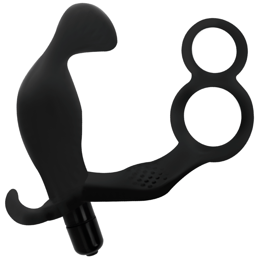 ADDICTED TOYS – Analplug mit doppeltem Penisring und Hodenring, schwarz